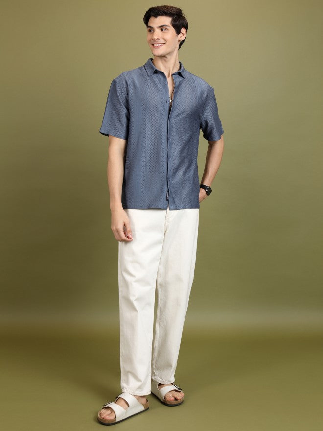Highlander Men Blue Self Design Oversized Fit Casual Shirt - Blue - Image 2