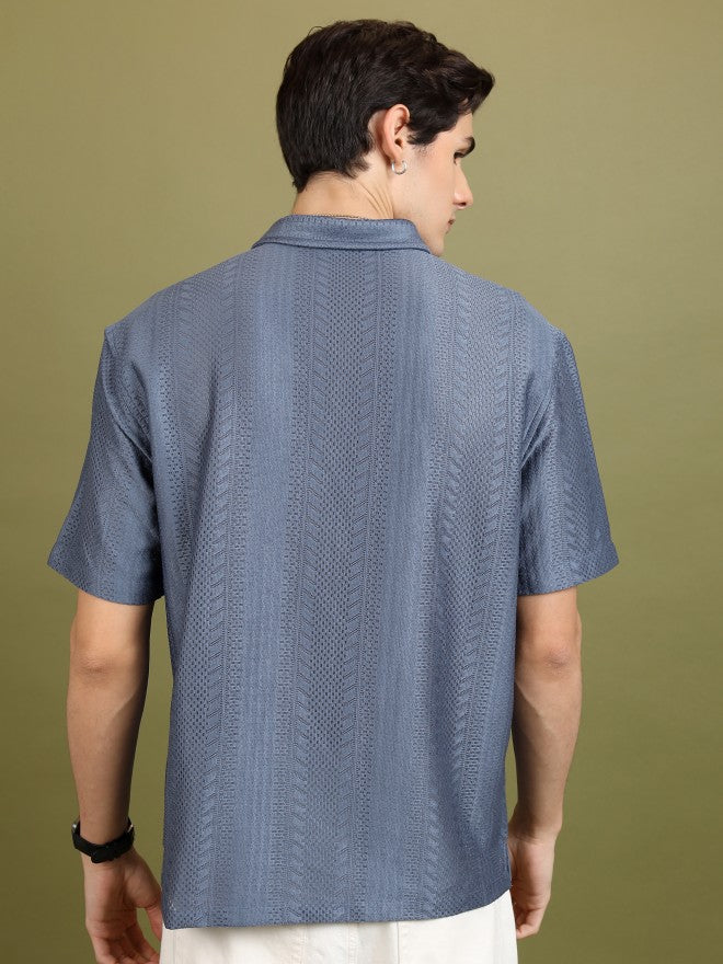 Highlander Men Blue Self Design Oversized Fit Casual Shirt - Blue - Image 3