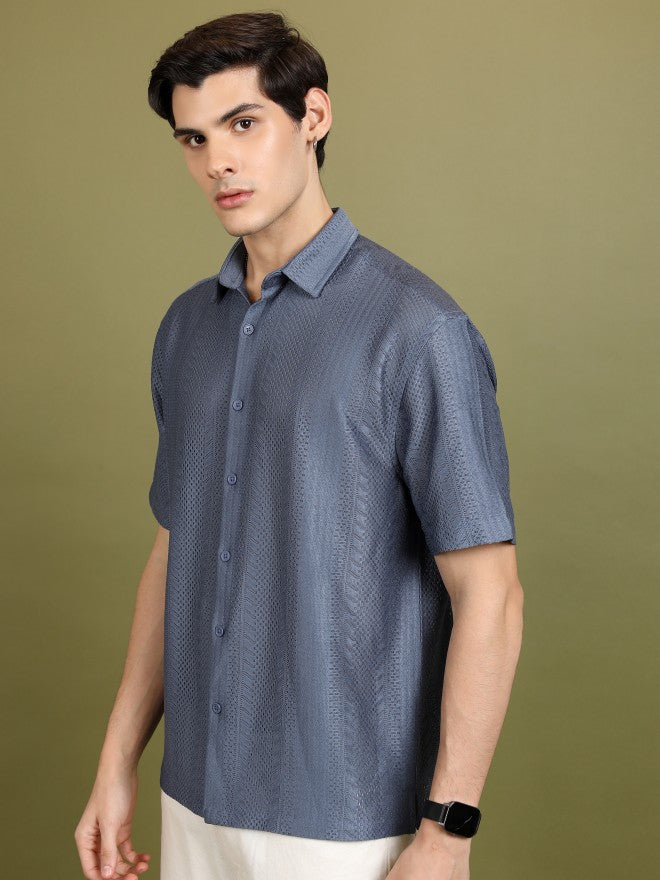 Highlander Men Blue Self Design Oversized Fit Casual Shirt - Blue - Image 4