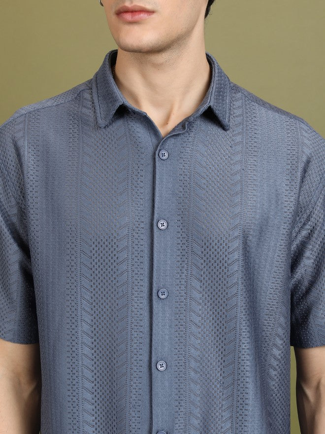 Highlander Men Blue Self Design Oversized Fit Casual Shirt - Blue - Image 5
