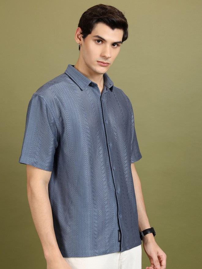 Highlander Men Blue Self Design Oversized Fit Casual Shirt - Blue - Image 6