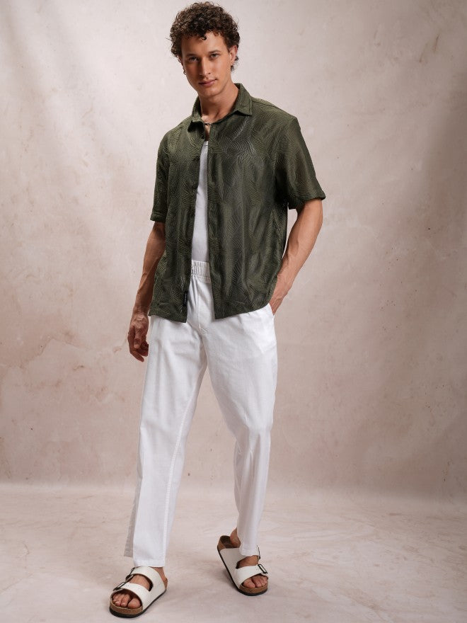 Highlander Men Olive Self Design Oversized Fit Casual Shirt - Olive - Image 2