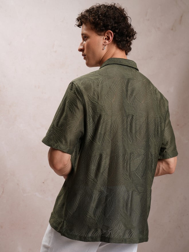 Highlander Men Olive Self Design Oversized Fit Casual Shirt - Olive - Image 3