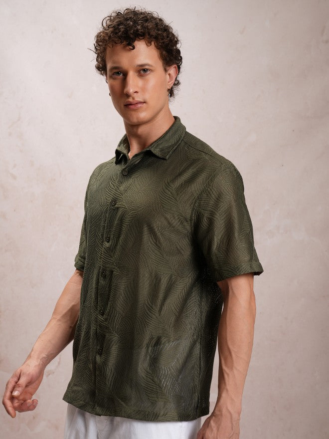 Highlander Men Olive Self Design Oversized Fit Casual Shirt - Olive - Image 4