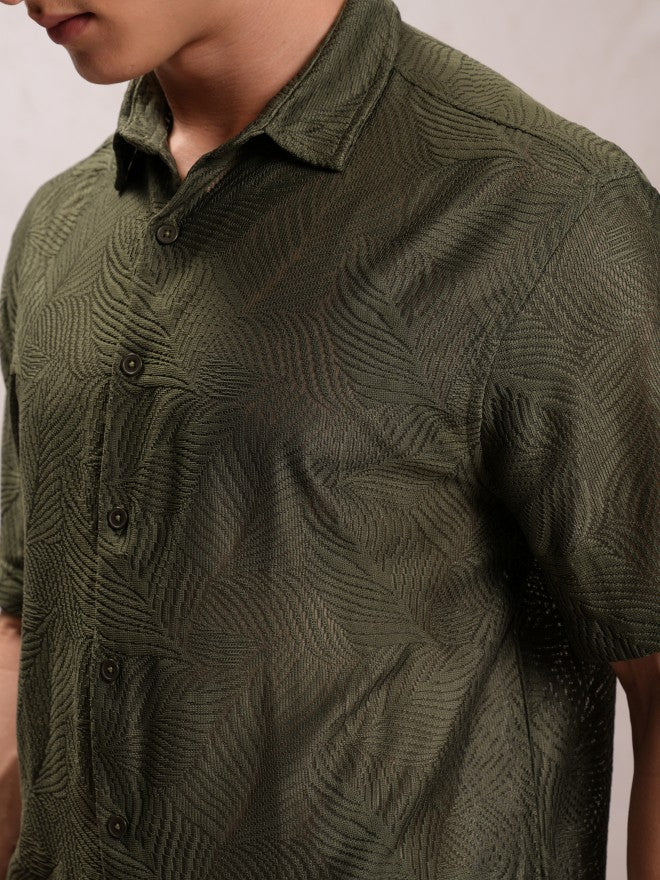 Highlander Men Olive Self Design Oversized Fit Casual Shirt - Olive - Image 5