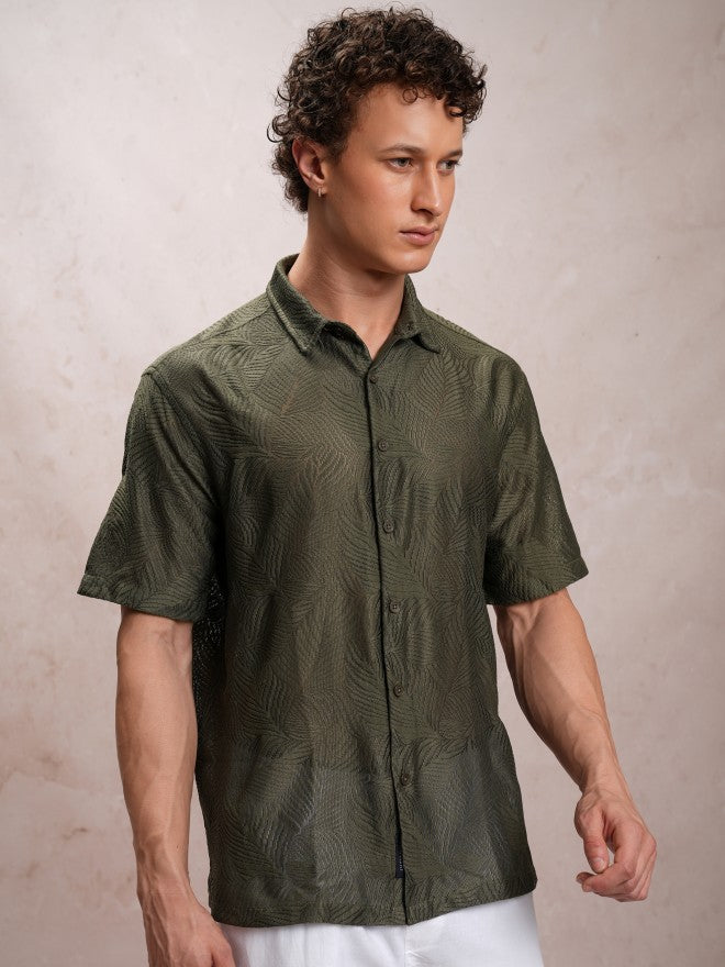 Highlander Men Olive Self Design Oversized Fit Casual Shirt - Olive - Image 6