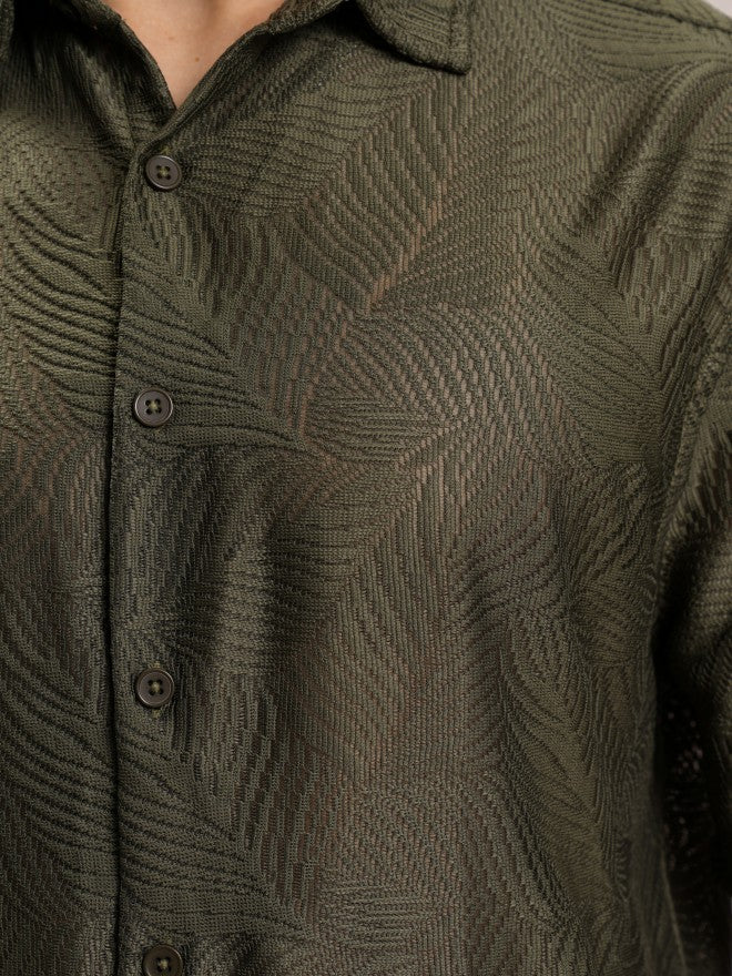 Highlander Men Olive Self Design Oversized Fit Casual Shirt - Olive - Image 7