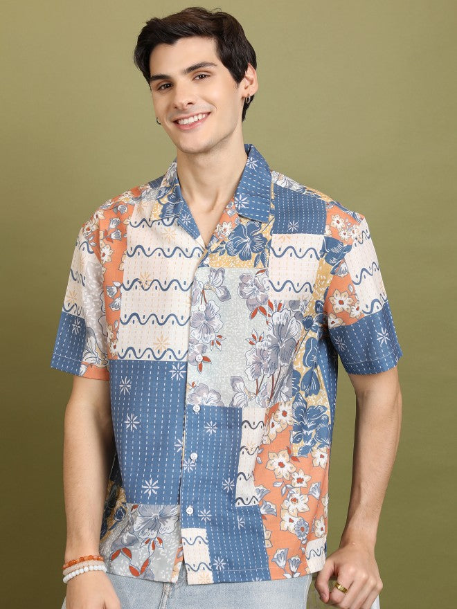 Highlander Men Blue Printed Oversized Fit Casual Shirt - Blue - Image 1