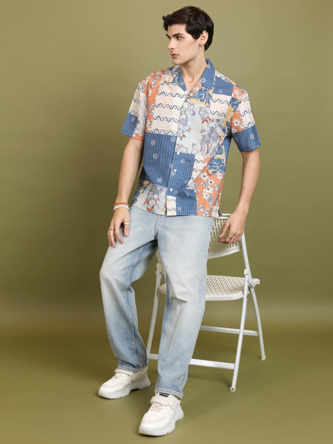 Highlander Men Blue Printed Oversized Fit Casual Shirt - Blue - Image 2