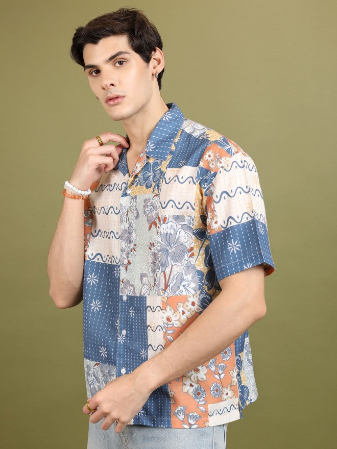 Highlander Men Blue Printed Oversized Fit Casual Shirt - Blue - Image 4