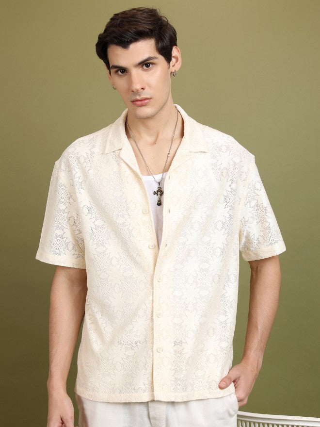 Highlander Men Cream Self Design Oversized Fit Casual Shirt - Cream - Image 1