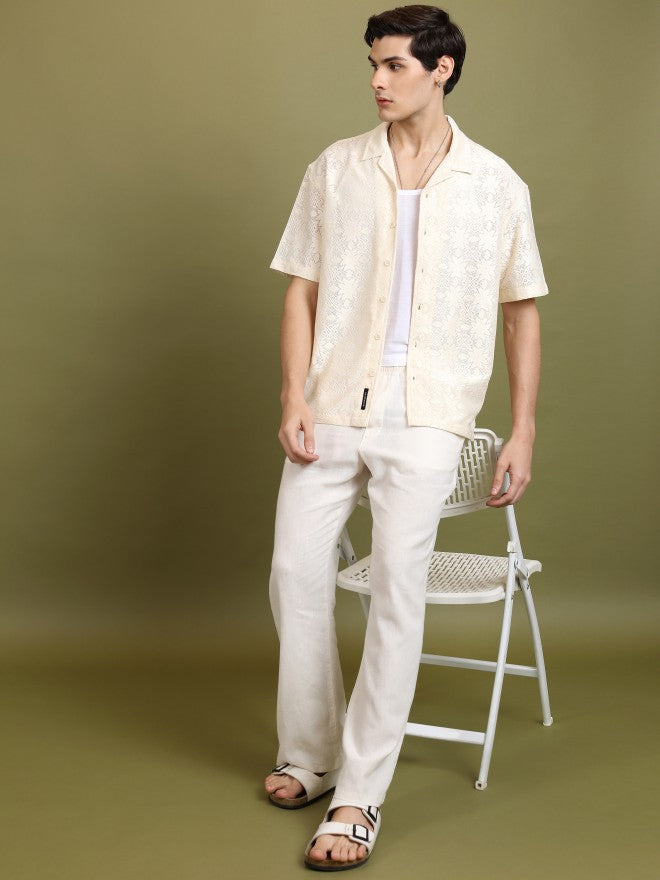 Highlander Men Cream Self Design Oversized Fit Casual Shirt - Cream - Image 2