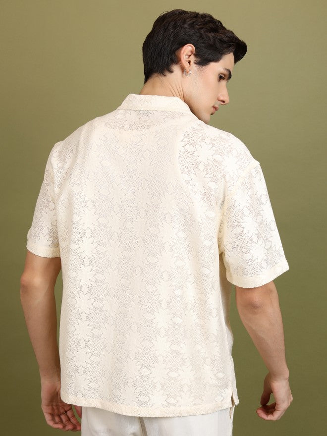 Highlander Men Cream Self Design Oversized Fit Casual Shirt - Cream - Image 3