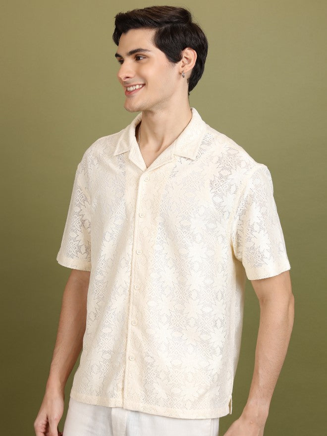 Highlander Men Cream Self Design Oversized Fit Casual Shirt - Cream - Image 4