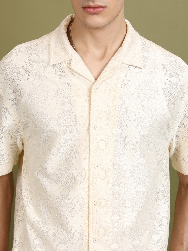 Highlander Men Cream Self Design Oversized Fit Casual Shirt - Cream - Image 5