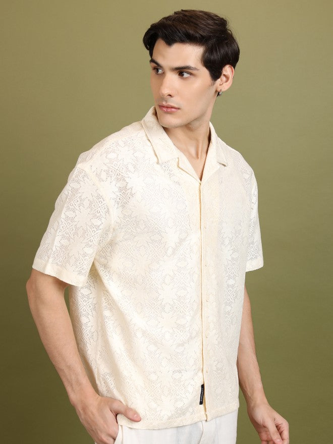 Highlander Men Cream Self Design Oversized Fit Casual Shirt - Cream - Image 6