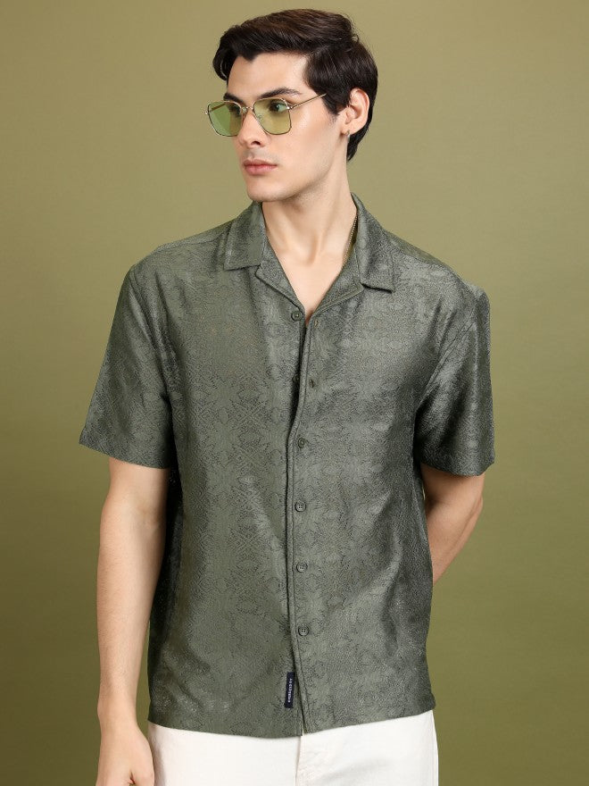 Highlander Men Olive Self Design Oversized Fit Casual Shirt - Olive - Image 1