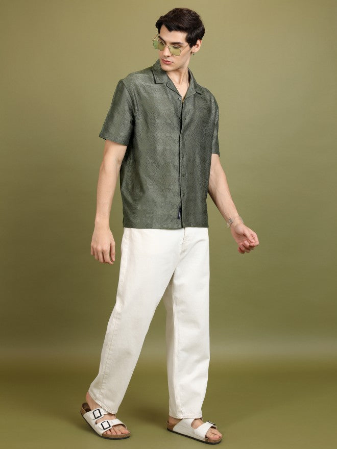 Highlander Men Olive Self Design Oversized Fit Casual Shirt - Olive - Image 2