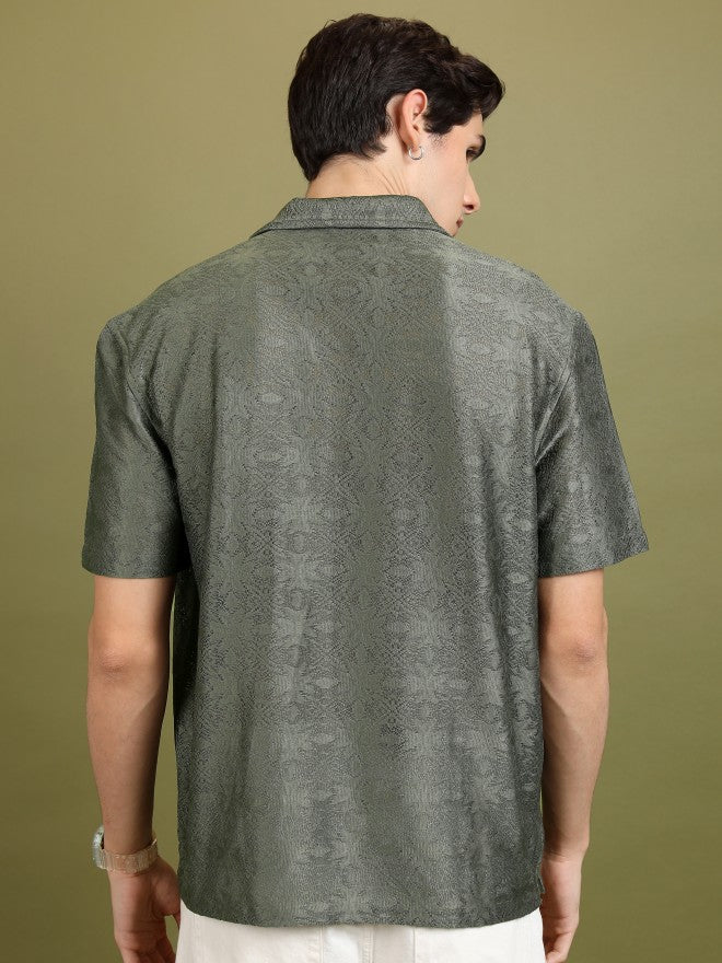 Highlander Men Olive Self Design Oversized Fit Casual Shirt - Olive - Image 3