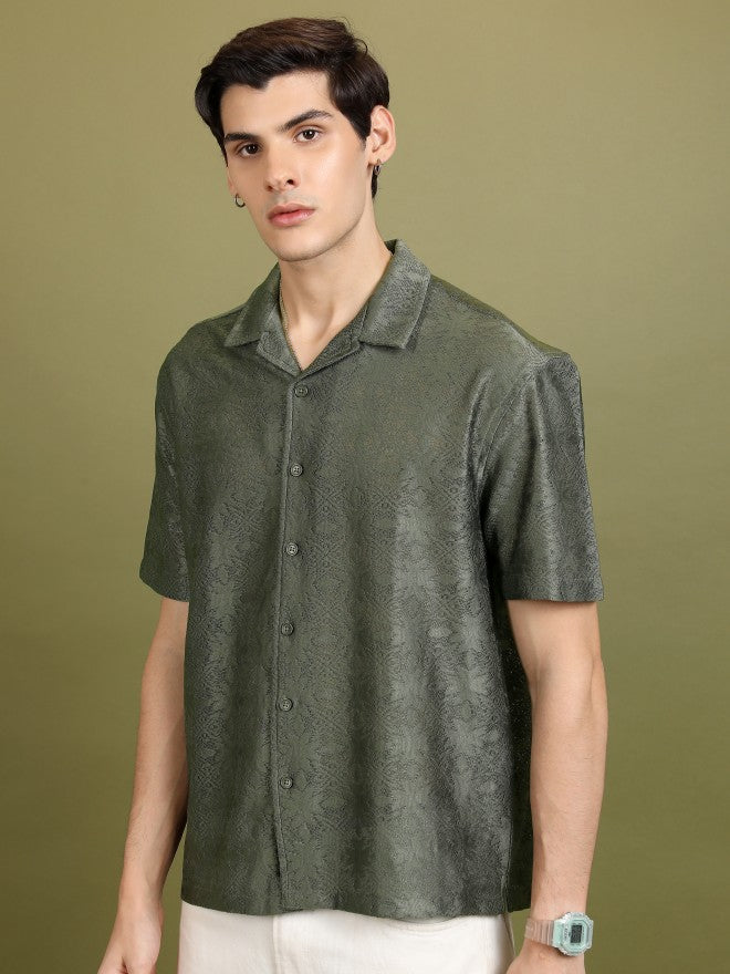 Highlander Men Olive Self Design Oversized Fit Casual Shirt - Olive - Image 4