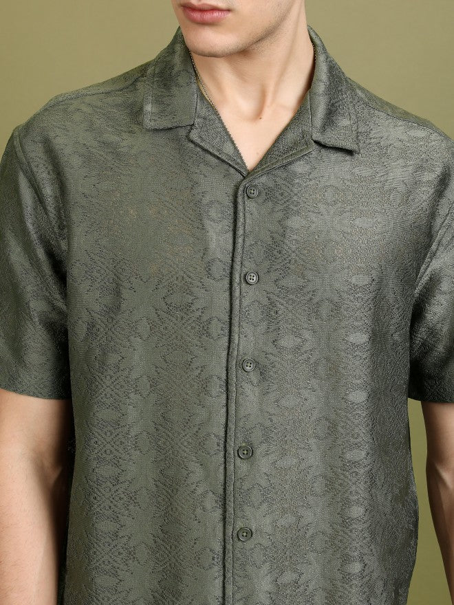 Highlander Men Olive Self Design Oversized Fit Casual Shirt - Olive - Image 5