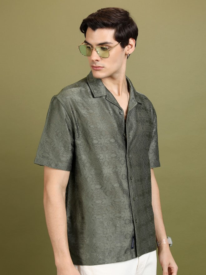 Highlander Men Olive Self Design Oversized Fit Casual Shirt - Olive - Image 6