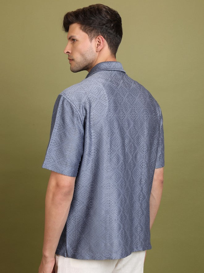 Highlander Men Blue Self Design Oversized Fit Casual Shirt - Blue - Image 3