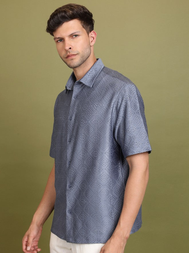 Highlander Men Blue Self Design Oversized Fit Casual Shirt - Blue - Image 4