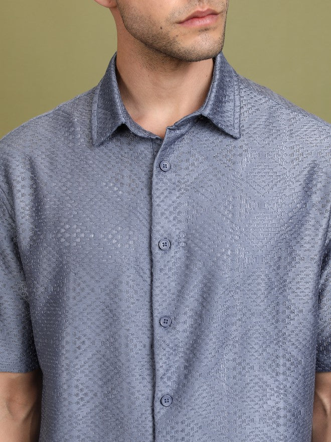 Highlander Men Blue Self Design Oversized Fit Casual Shirt - Blue - Image 5