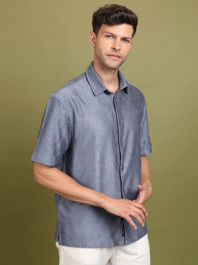 Highlander Men Blue Self Design Oversized Fit Casual Shirt - Blue - Image 6