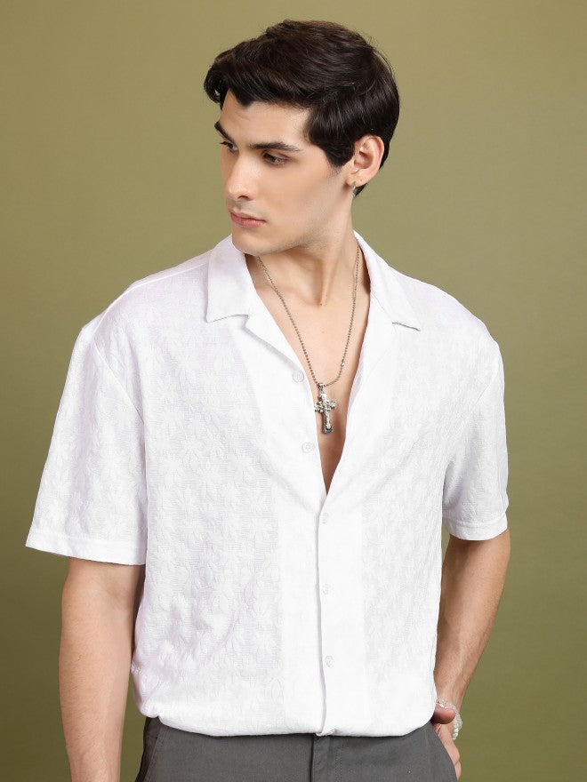 Highlander Men White Self Design Oversized Fit Casual Shirt - White - Image 1