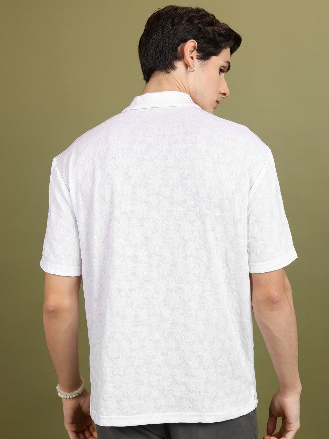 Highlander Men White Self Design Oversized Fit Casual Shirt - White - Image 3