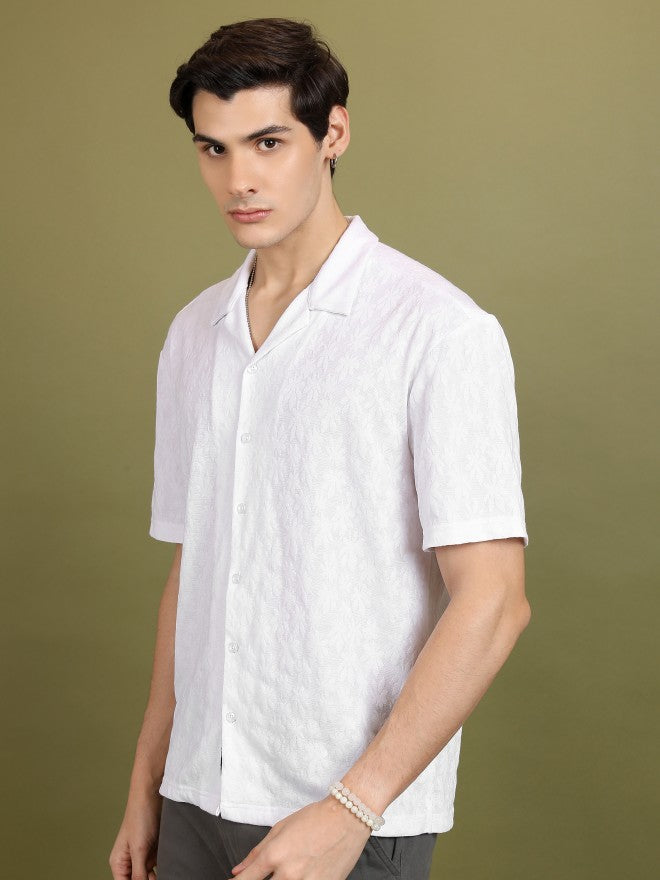 Highlander Men White Self Design Oversized Fit Casual Shirt - White - Image 4