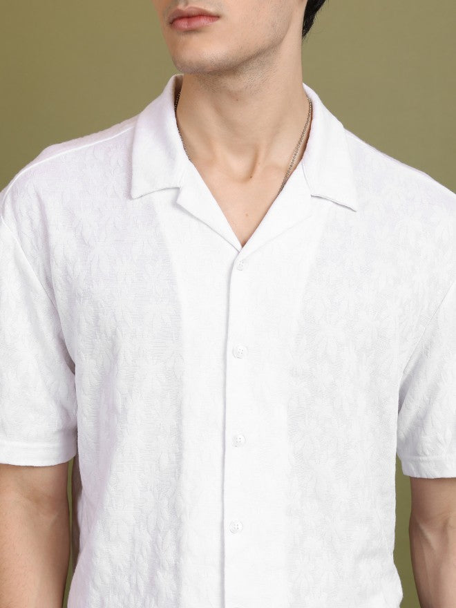 Highlander Men White Self Design Oversized Fit Casual Shirt - White - Image 5