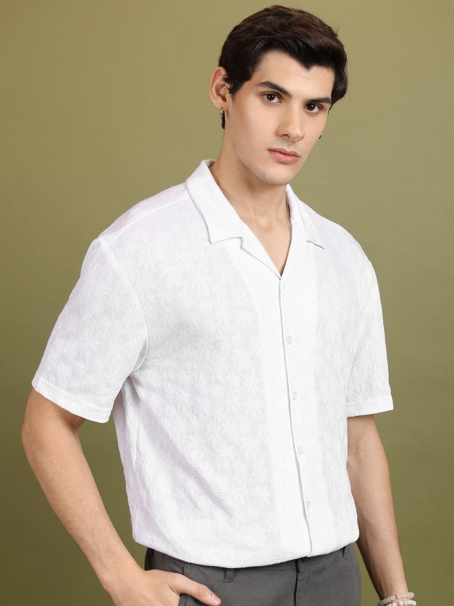 Highlander Men White Self Design Oversized Fit Casual Shirt - White - Image 6