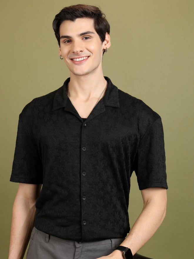 Highlander Men Black Self Design Oversized Fit Casual Shirt - Black - Image 1
