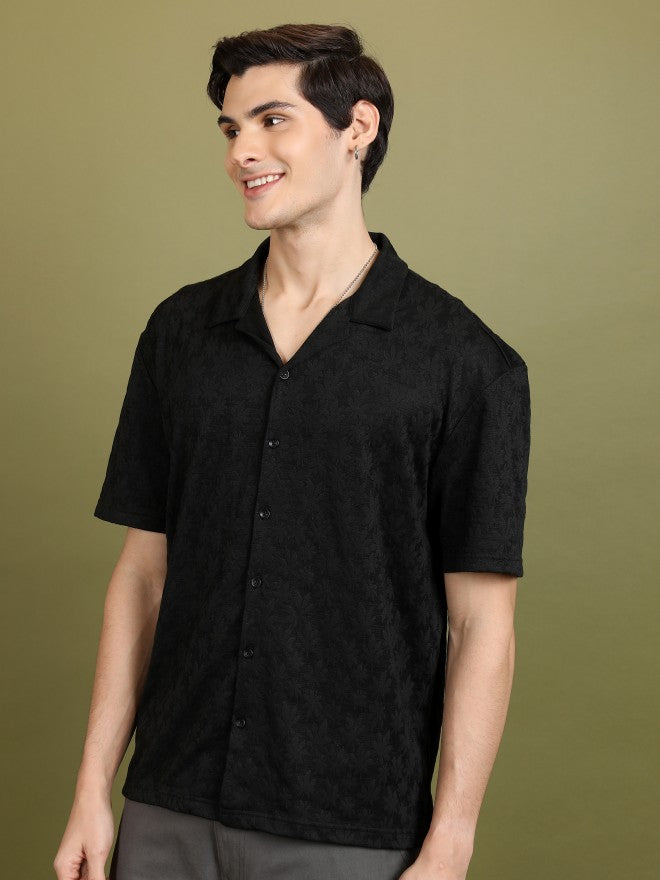 Highlander Men Black Self Design Oversized Fit Casual Shirt - Black - Image 4