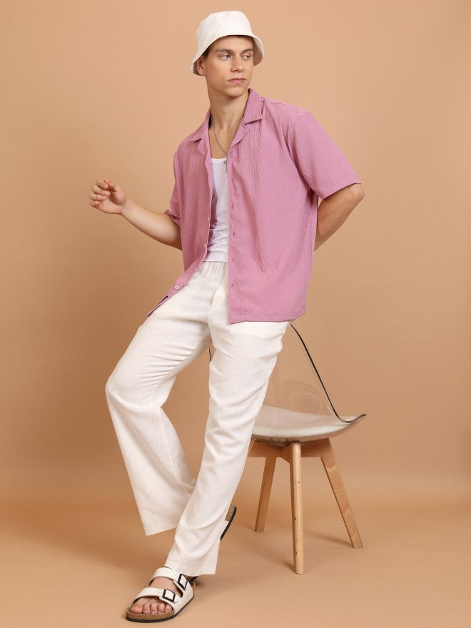Highlander Men Lilac Self Design Oversized Fit Casual Shirt - Lavender - Image 2
