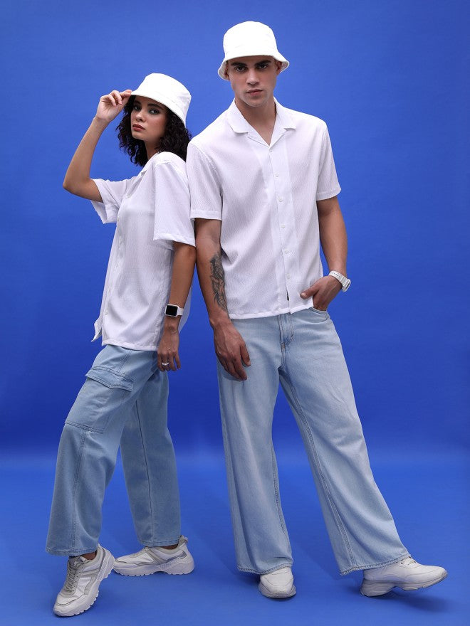 Highlander Men White Self Design Oversized Fit Casual Shirt - White - Image 1