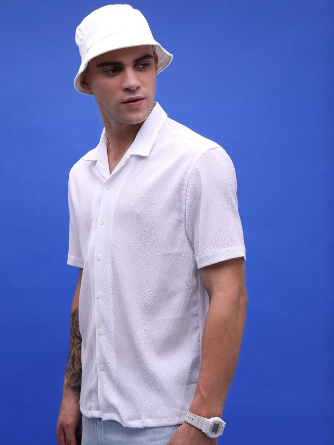 Highlander Men White Self Design Oversized Fit Casual Shirt - White - Image 3