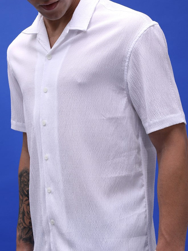 Highlander Men White Self Design Oversized Fit Casual Shirt - White - Image 4