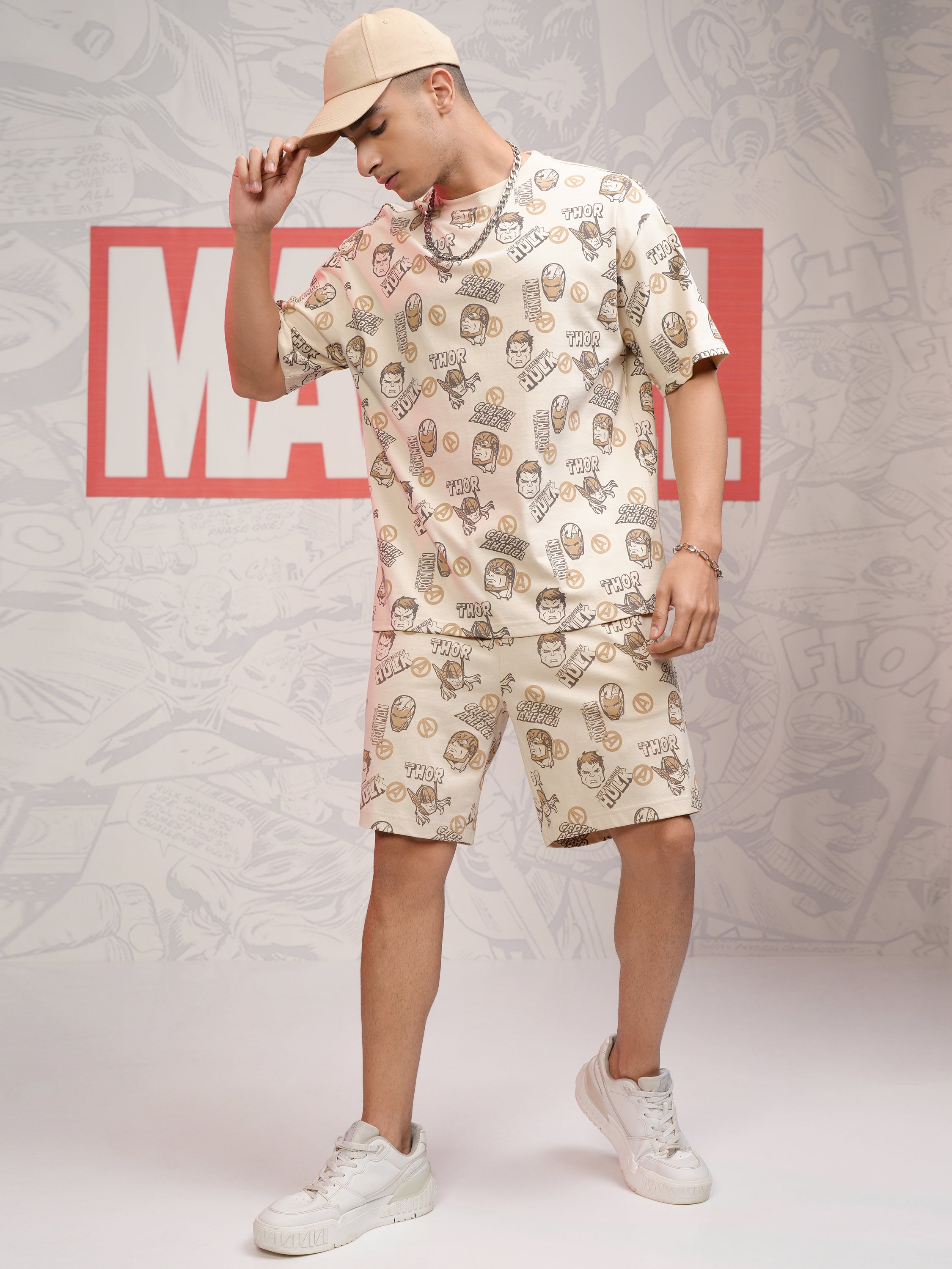 Marvel By Highlander Men Beige Avengers T-Shirt With Shorts Co-Ords - Beige - Image 2