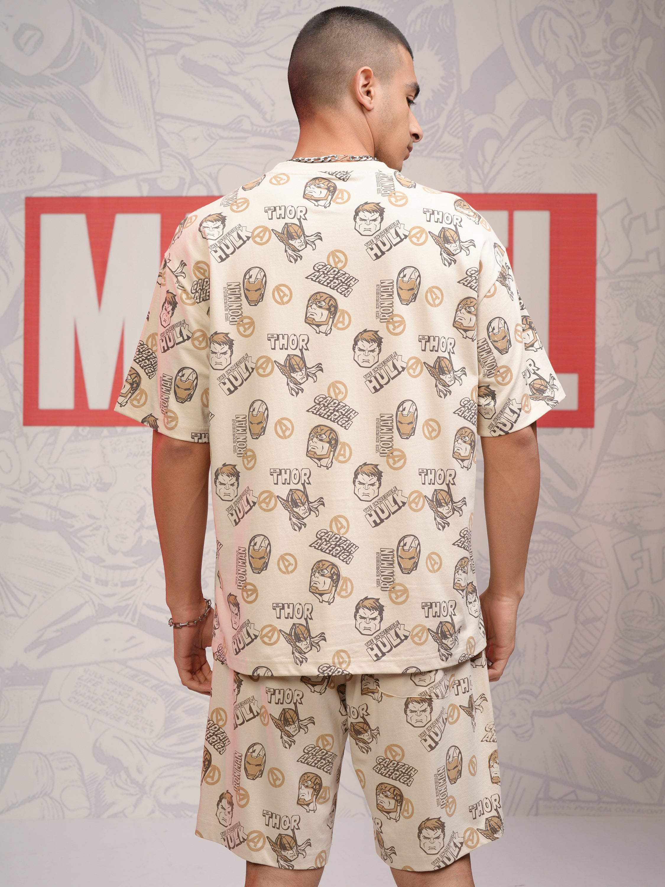Marvel By Highlander Men Beige Avengers T-Shirt With Shorts Co-Ords - Beige - Image 3