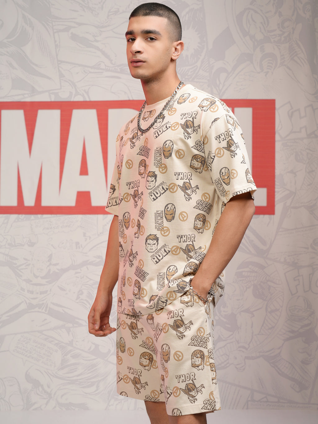 Marvel By Highlander Men Beige Avengers T-Shirt With Shorts Co-Ords - Beige - Image 4