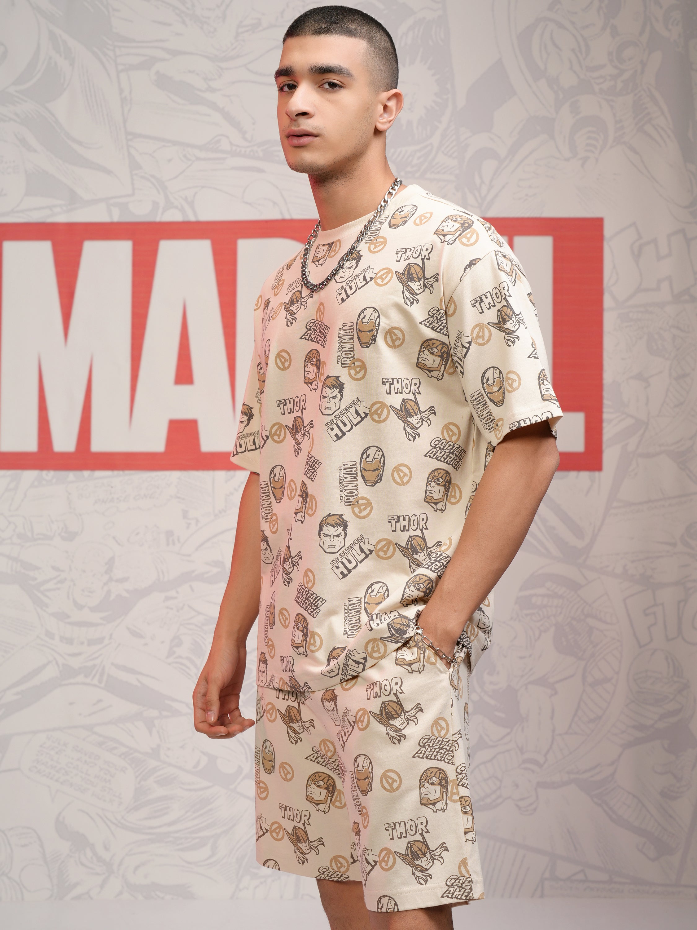 Marvel By Highlander Men Beige Avengers T-Shirt With Shorts Co-Ords - Beige - Image 4