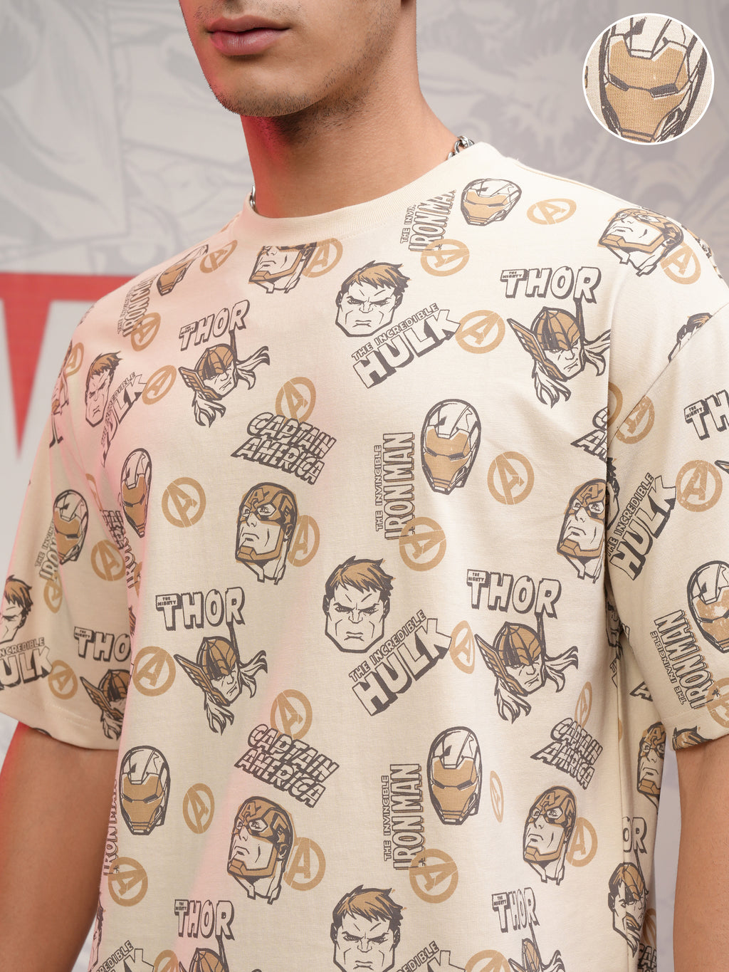 Marvel By Highlander Men Beige Avengers T-Shirt With Shorts Co-Ords - Beige - Image 5