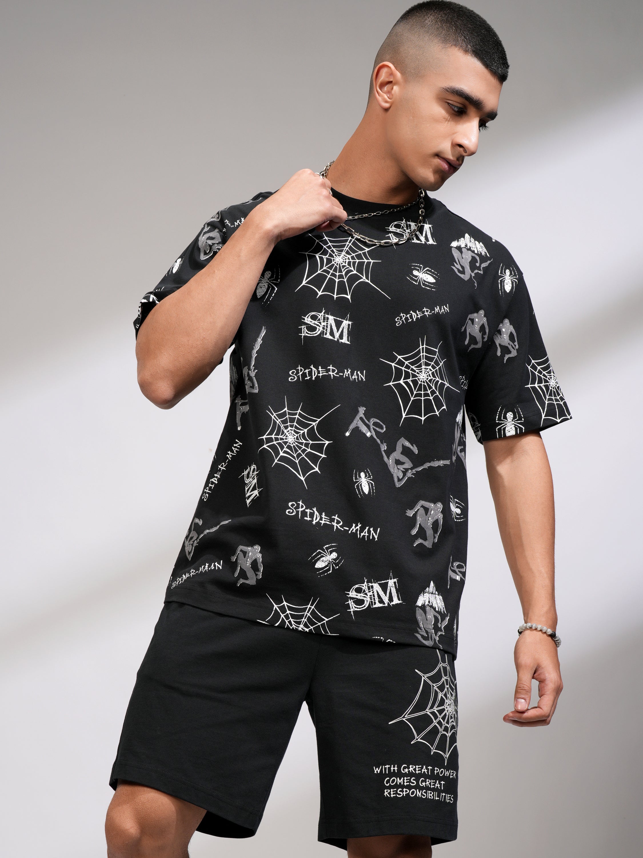 Marvel By Highlander Men Black Spider-Man T-Shirt With Shorts Co-Ords - Black - Image 1
