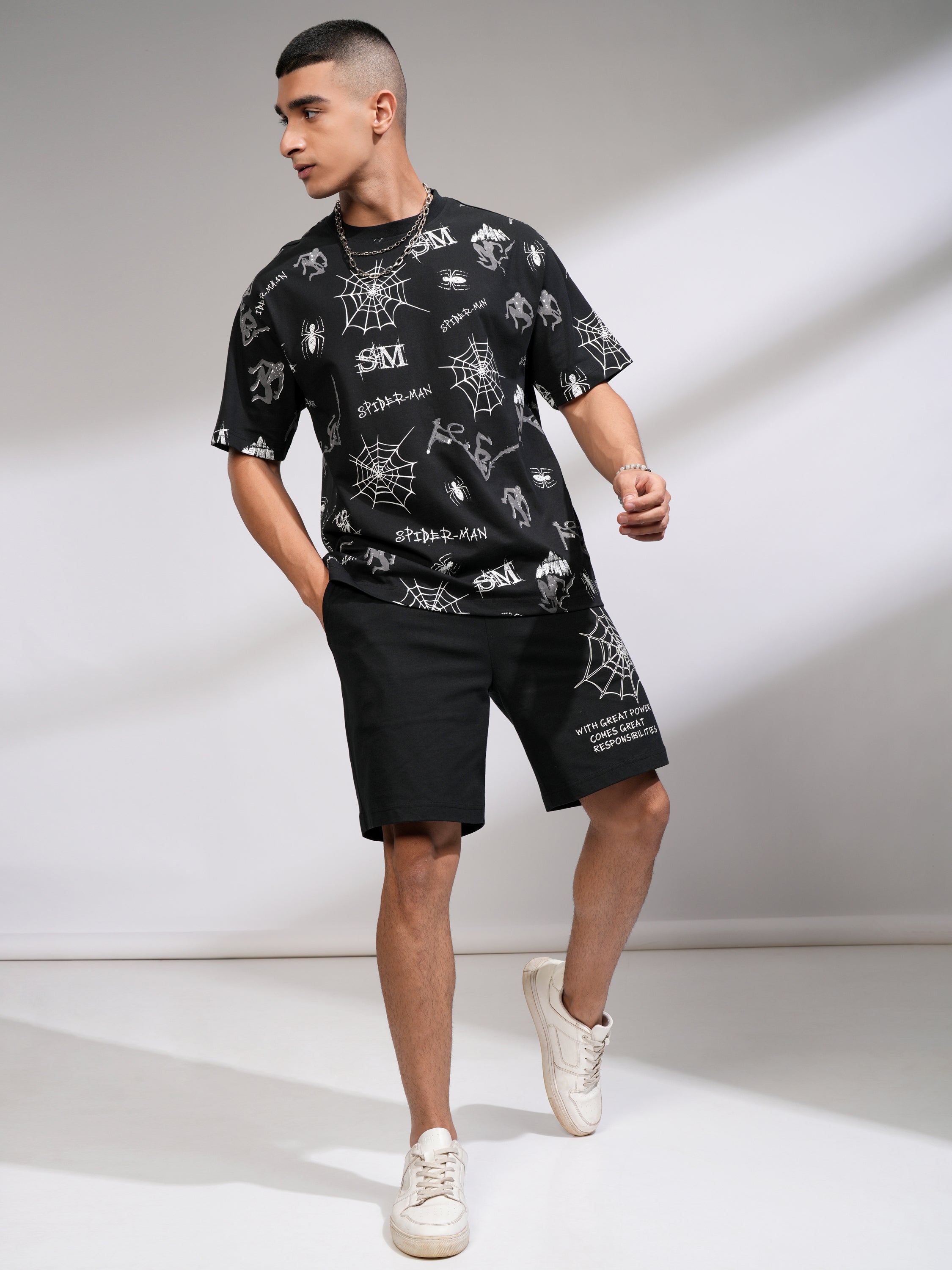 Marvel By Highlander Men Black Spider-Man T-Shirt With Shorts Co-Ords - Black - Image 2