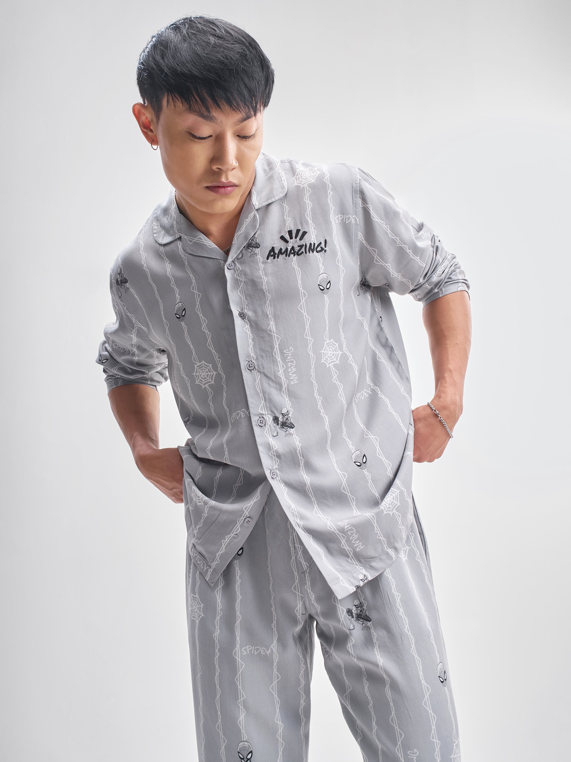Marvel By Highlander Men Grey Spider-Man Shirt With Trouser Co-Ords - Grey - Image 1