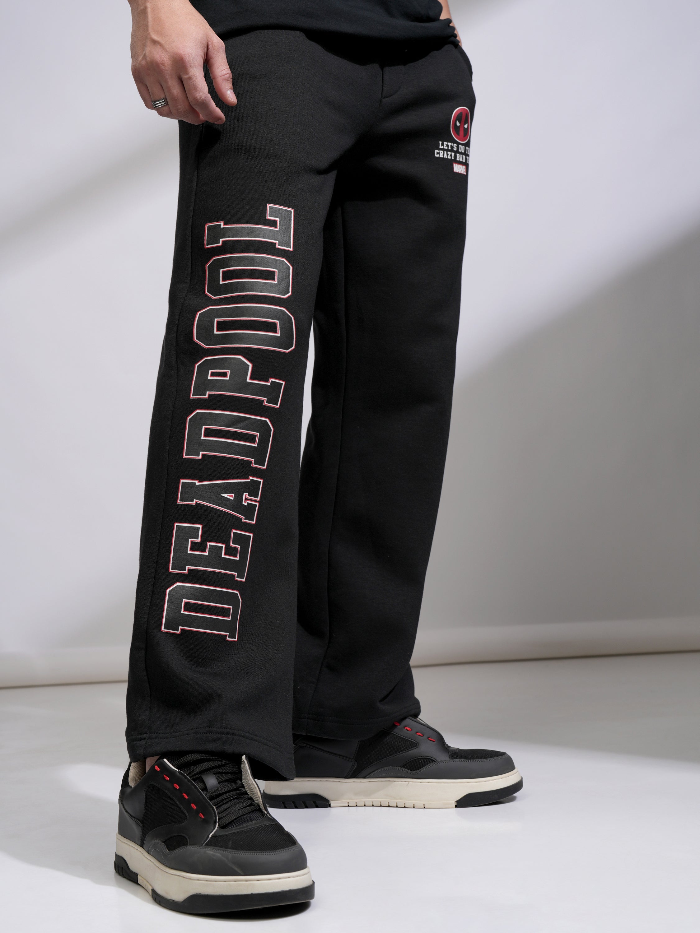 Marvel By Highlander Men Black Deadpool Straight Fit Printed Track Pants - Black - Image 1